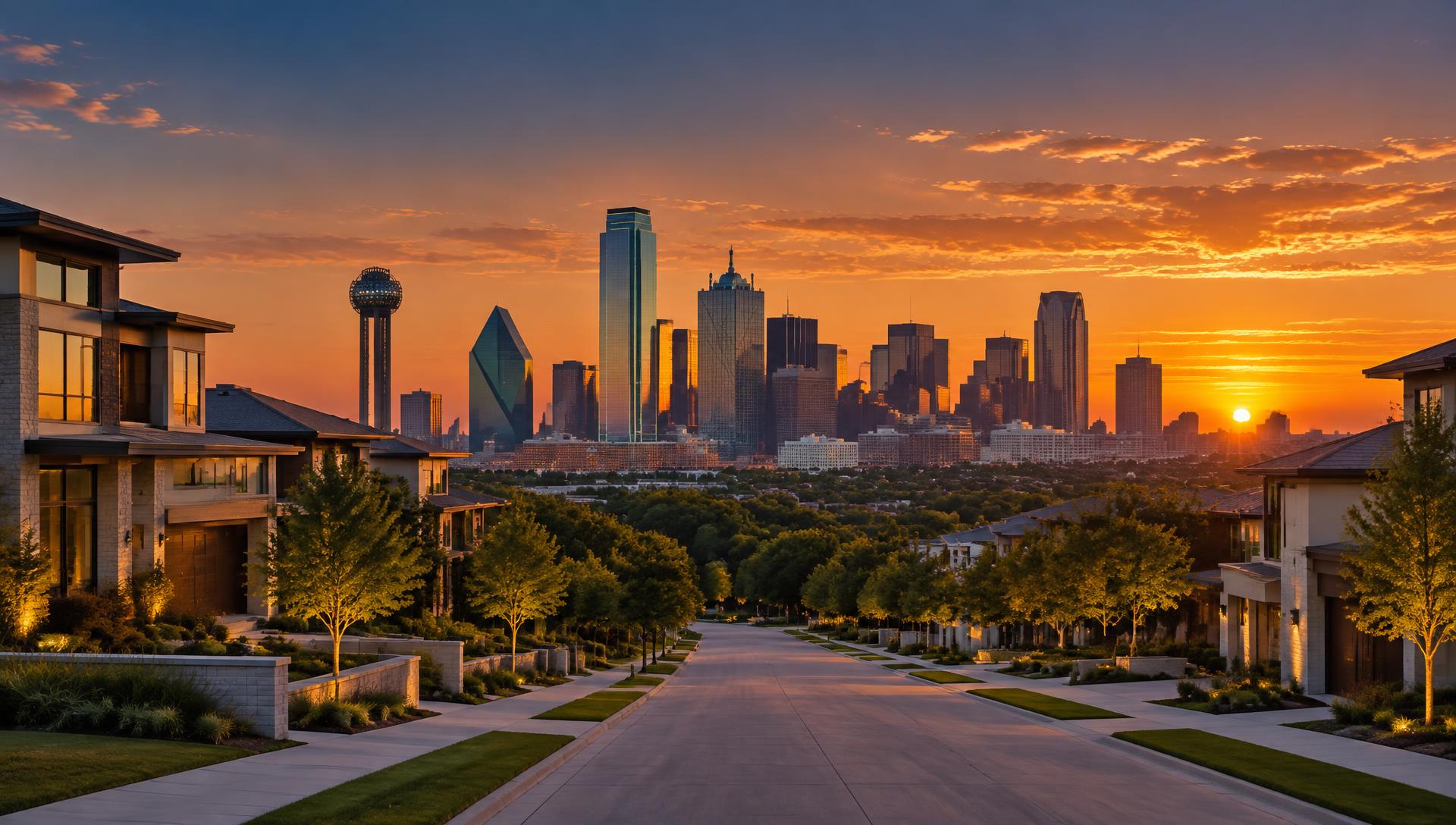The Dallas skyline at warm sunset beyond a quiet residential street lined with trees