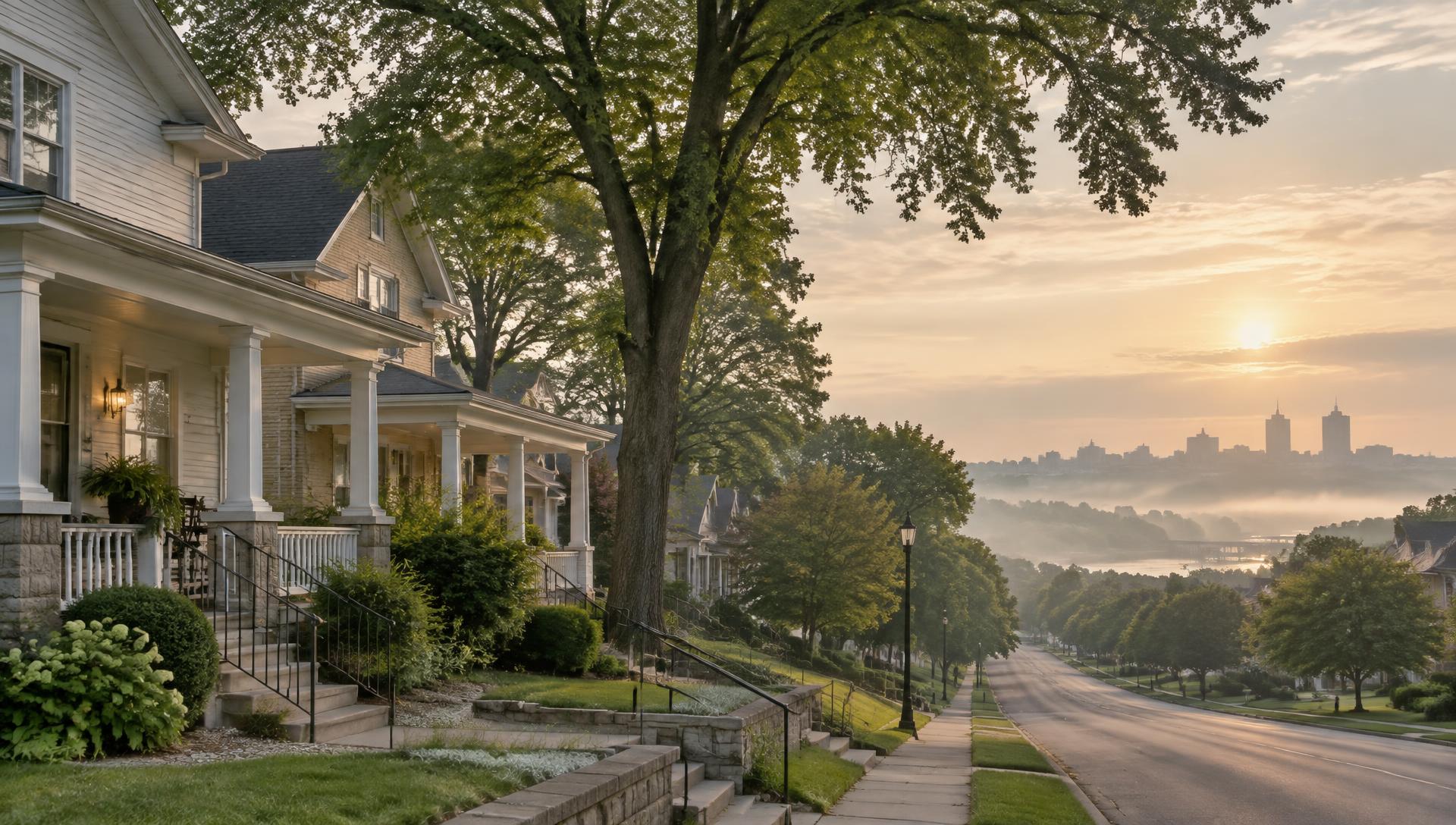A quiet Kansas City, Kansas street of white porch-front homes under mature shade trees at sunrise